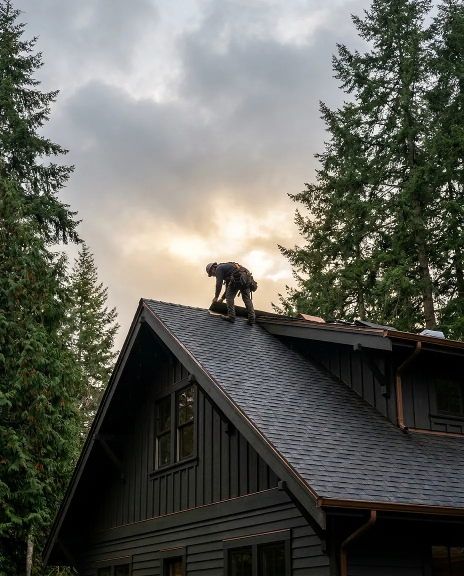 Roofer working on a pitched residential roof in Greater Victoria, British Columbia