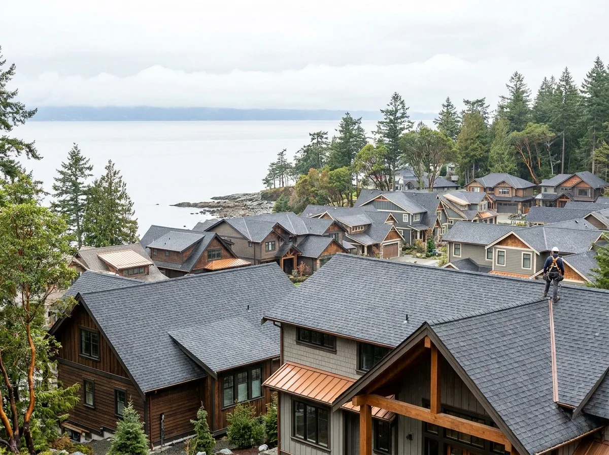 New subdivision rooftops above the shoreline at Royal Bay in Colwood BC