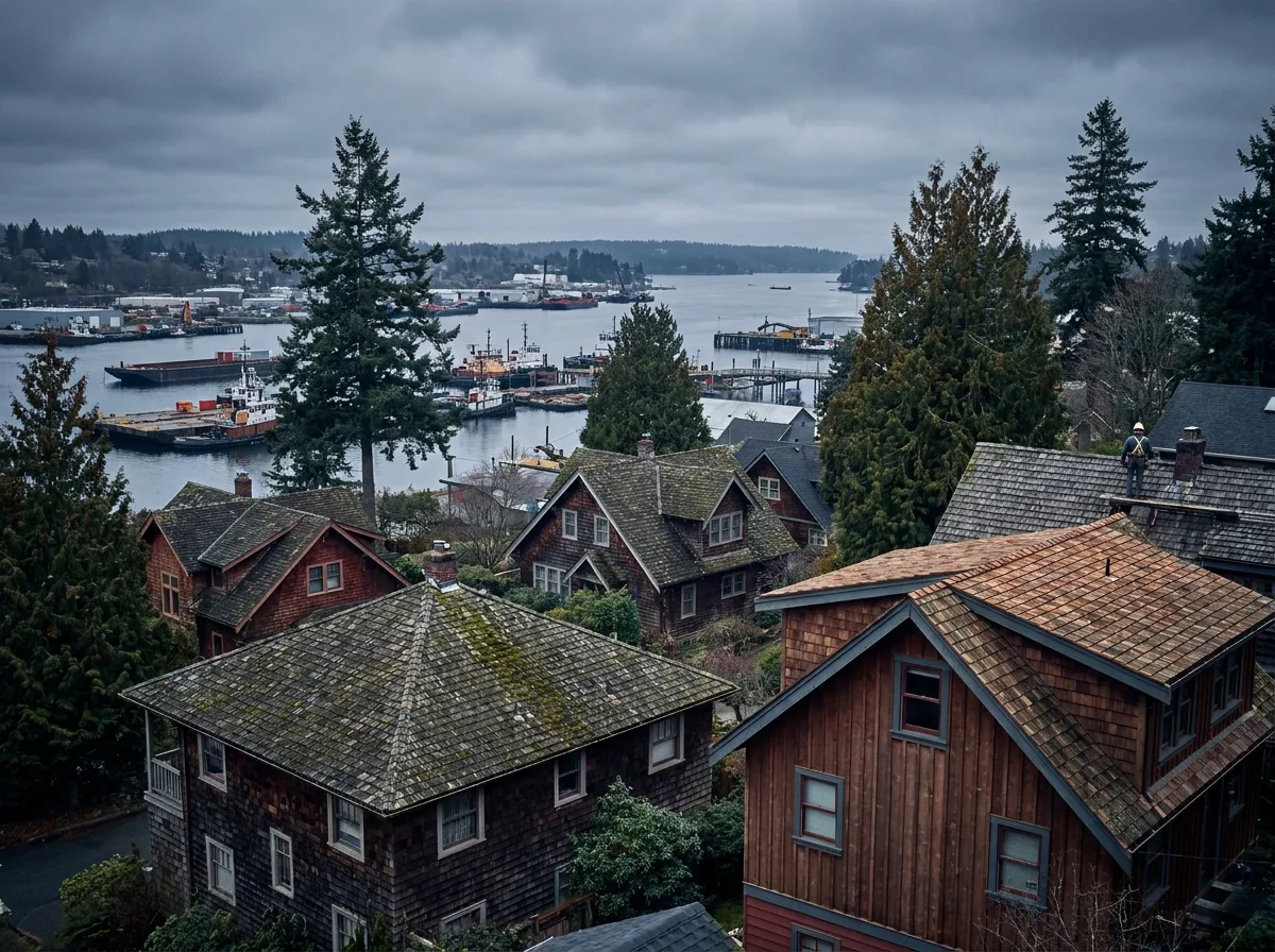 Waterfront homes with weathered roofs above Esquimalt harbour in British Columbia