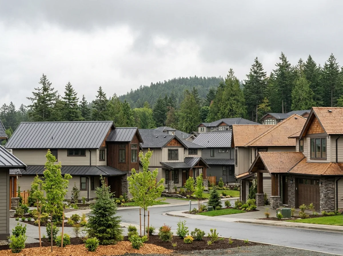 Modern subdivision homes with new roofs on a hillside in Langford BC
