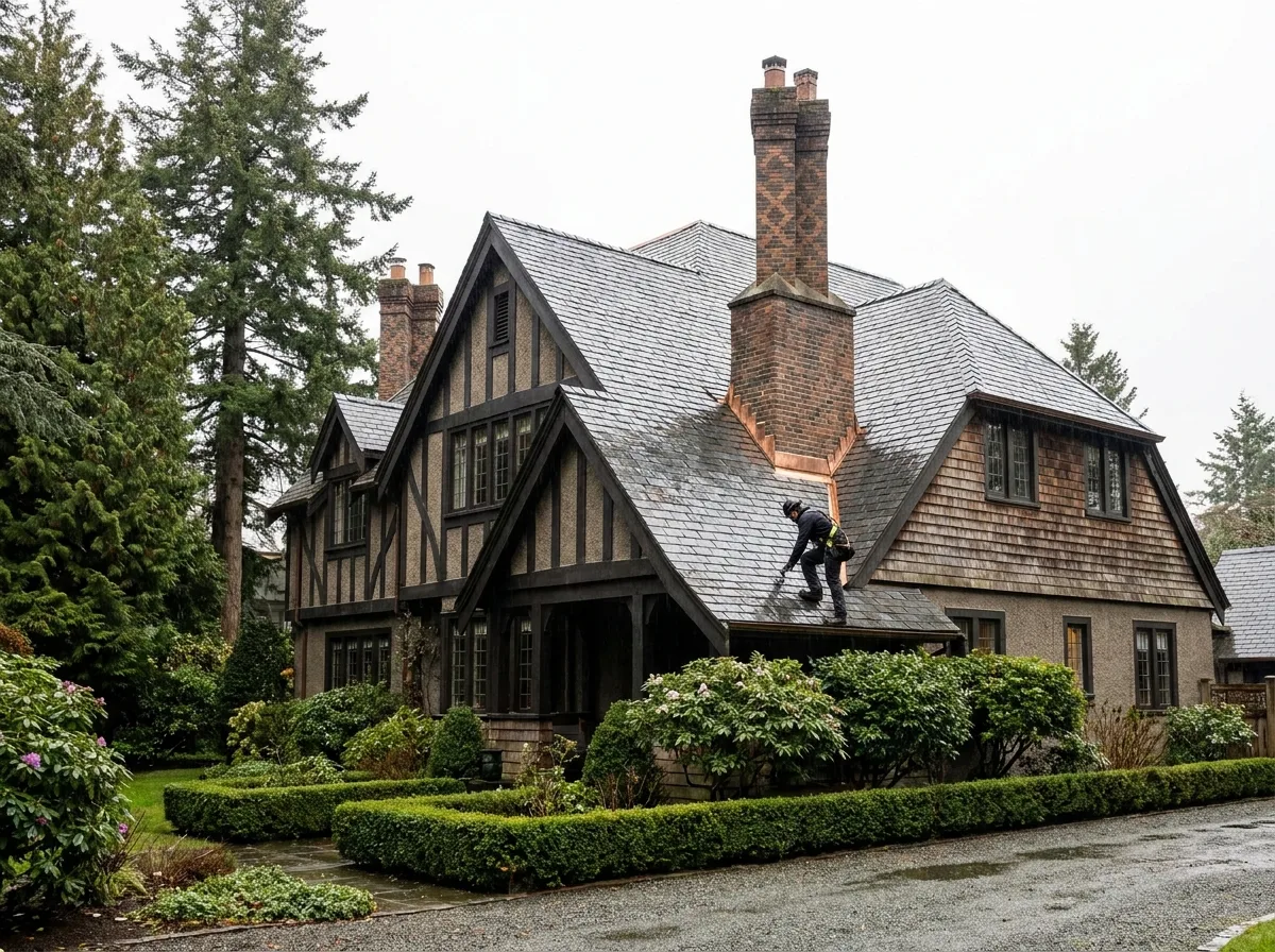 Tudor revival home in Oak Bay BC with steep multi-plane roof and brick chimneys