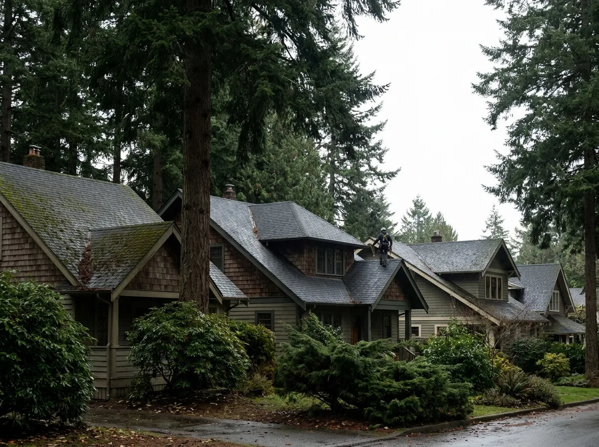 Suburban Saanich BC homes with sloped roofs under mature Douglas fir cover