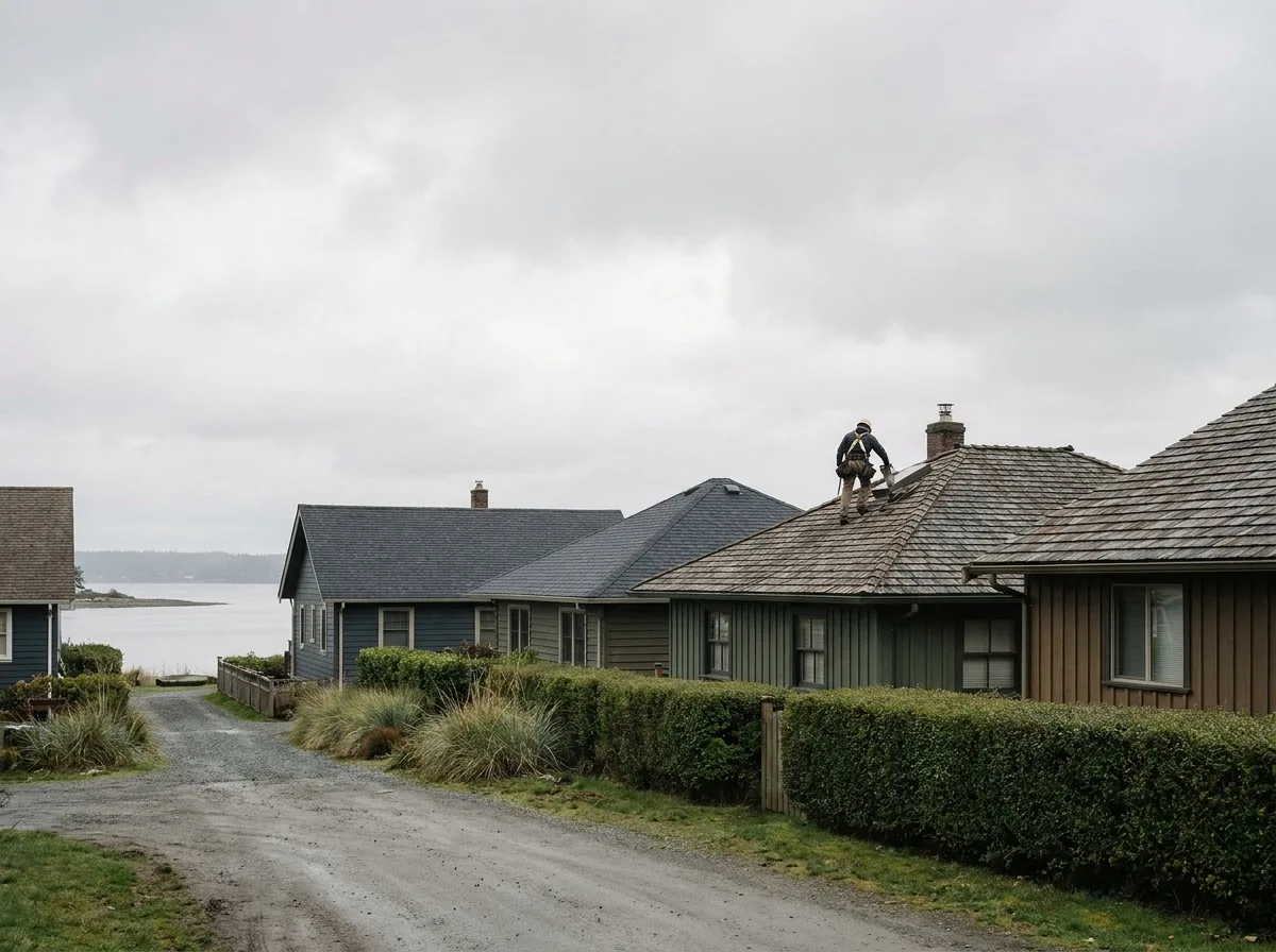 Single-storey seaside homes with low-pitched roofs near the waterfront in Sidney BC