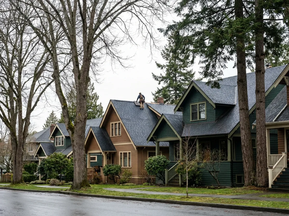 Steep gabled heritage rooflines in a Victoria BC residential neighbourhood