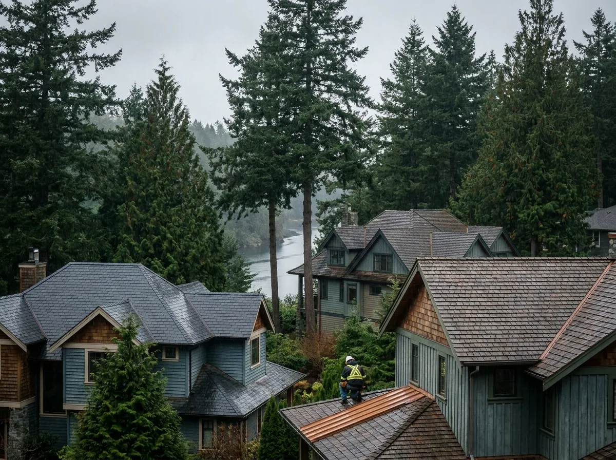 Hillside homes with pitched roofs among Douglas fir in View Royal BC