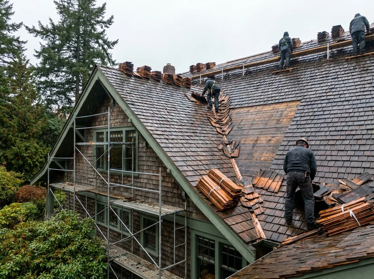 Aging cedar shake roof being stripped on a heritage Victoria BC home