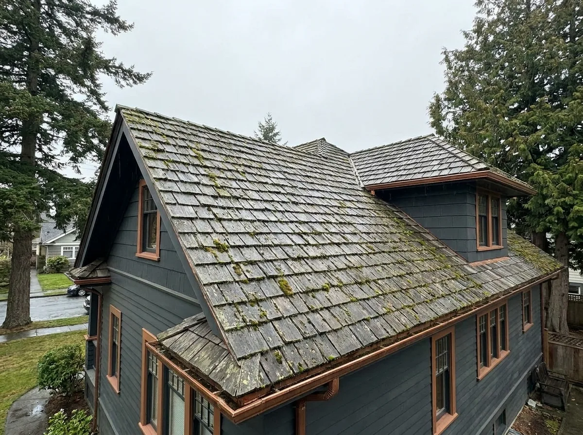 Aging cedar shake roof on an older Greater Victoria home with split, cupped and moss-covered shakes