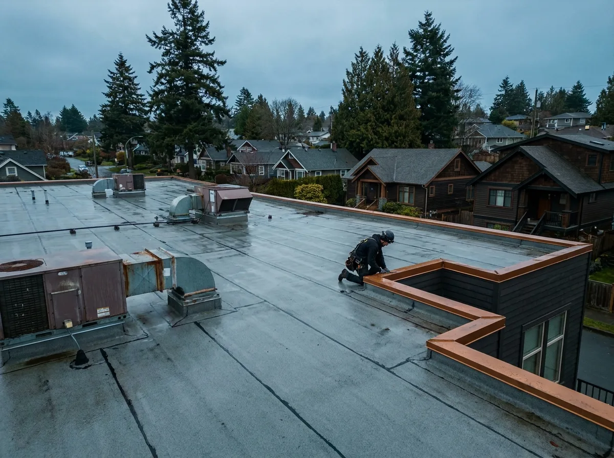 Commercial low-slope roof with rooftop units on a Victoria BC building