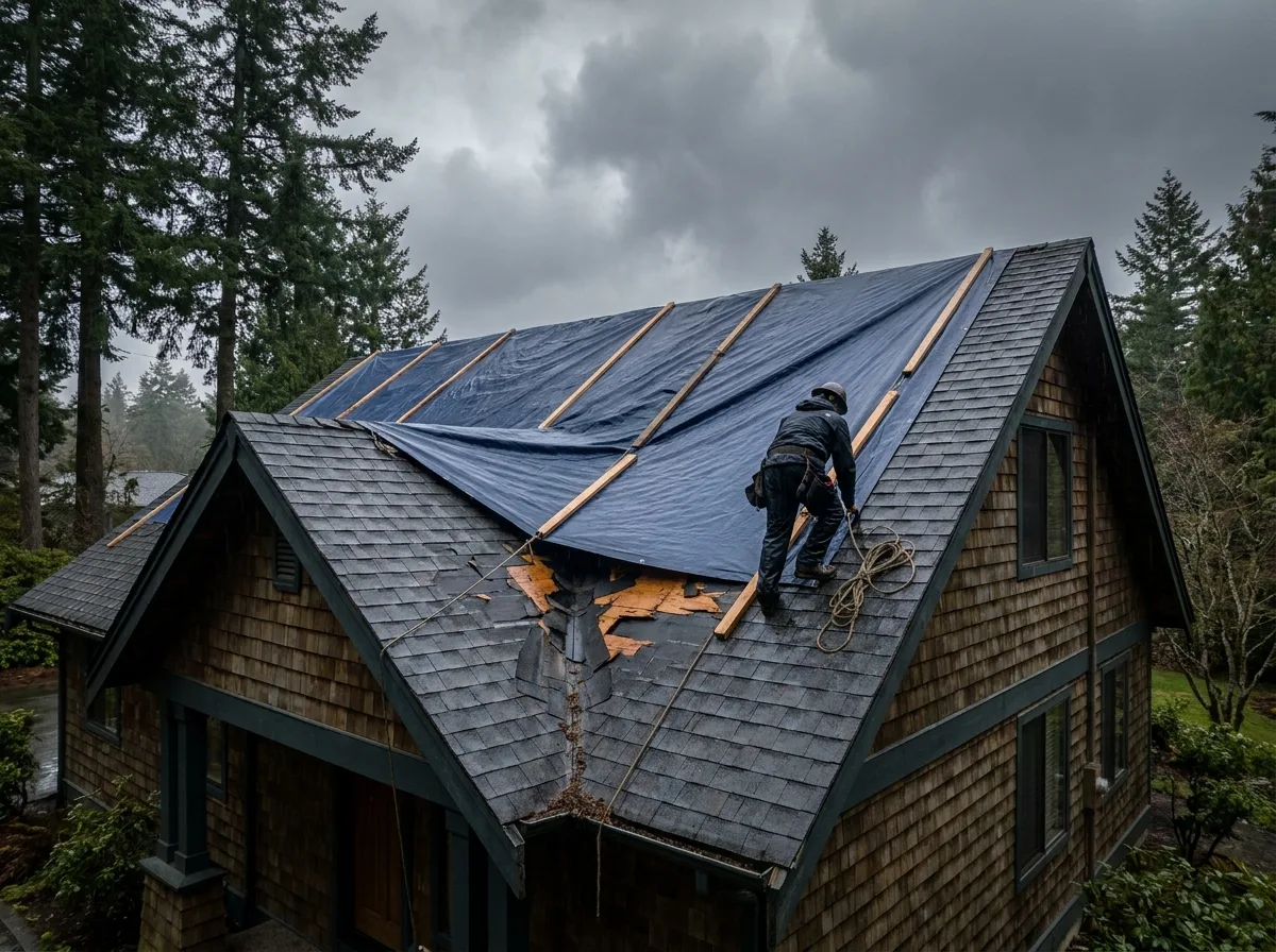 Emergency tarp secured over storm-damaged roof section in Victoria BC