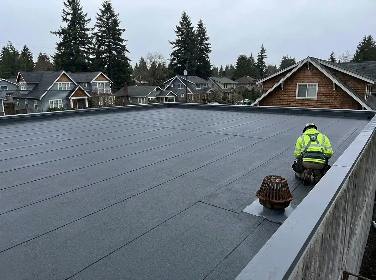 Newly installed low-slope roof membrane with corrected drainage on a Greater Victoria building
