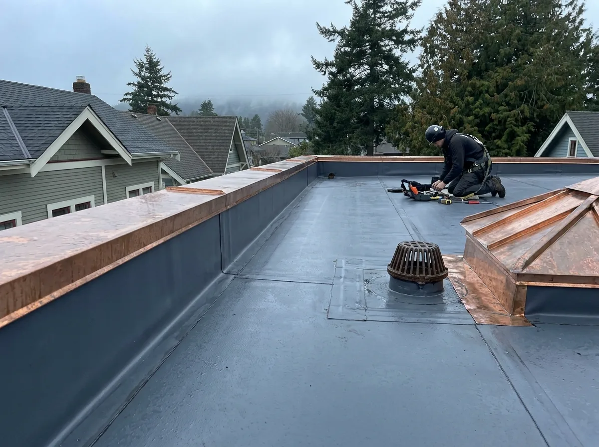 Membrane flat roof with drain and parapet flashing on a Victoria BC building
