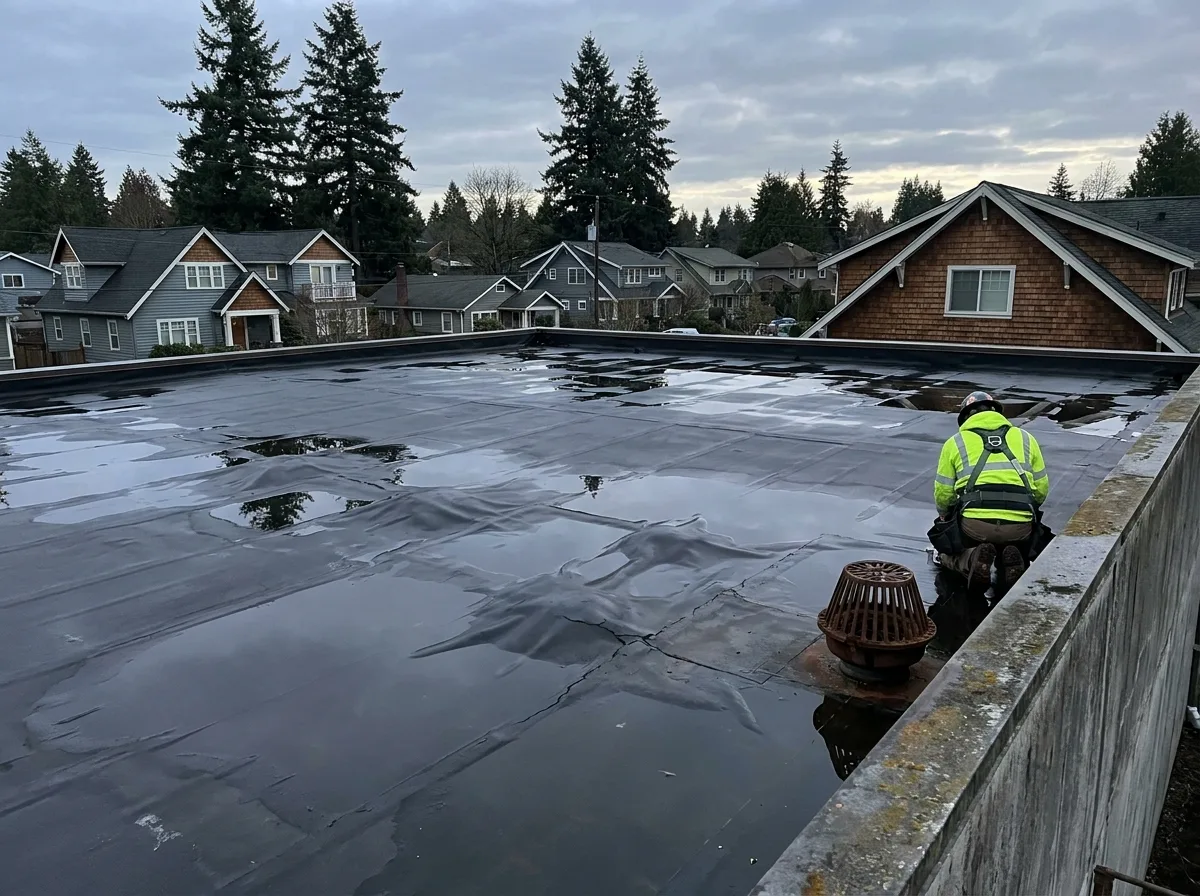 Low-slope roof membrane with ponding water and blistering on a Greater Victoria building