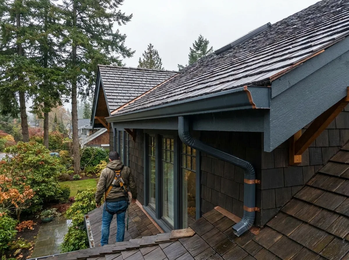New seamless gutters installed along the roof edge of a Victoria BC home