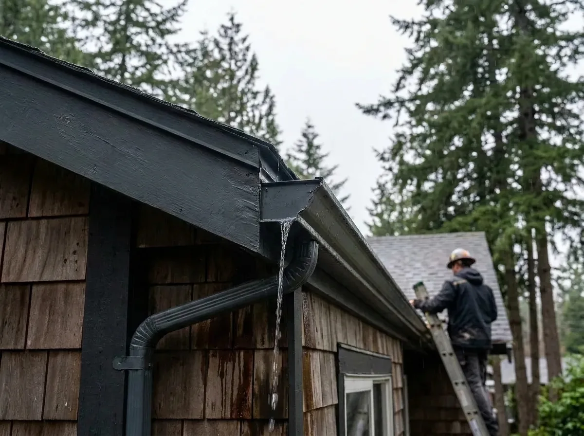 Repaired and correctly sloped gutter section draining freely on a Greater Victoria home