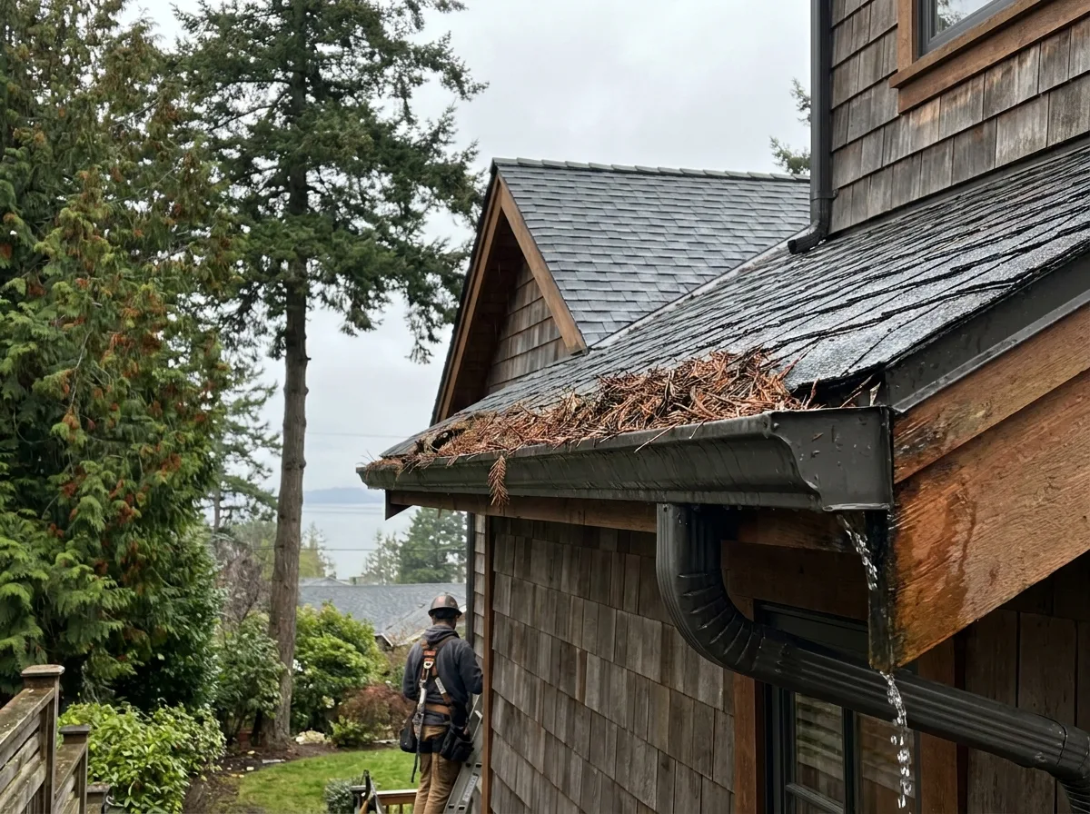 Sagging gutter full of fir needles overflowing on an Oak Bay BC home
