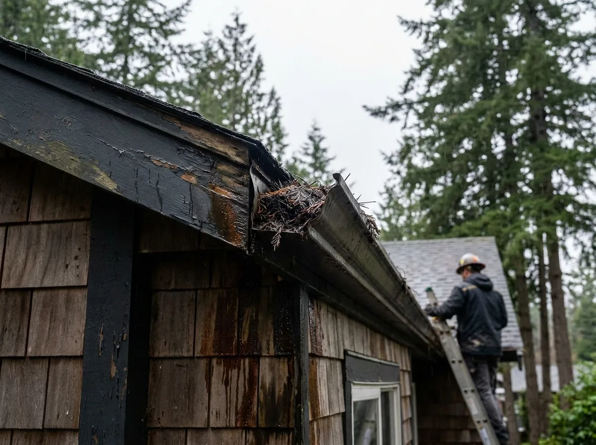 Sagging gutter section clogged with conifer needles and debris on a Greater Victoria home