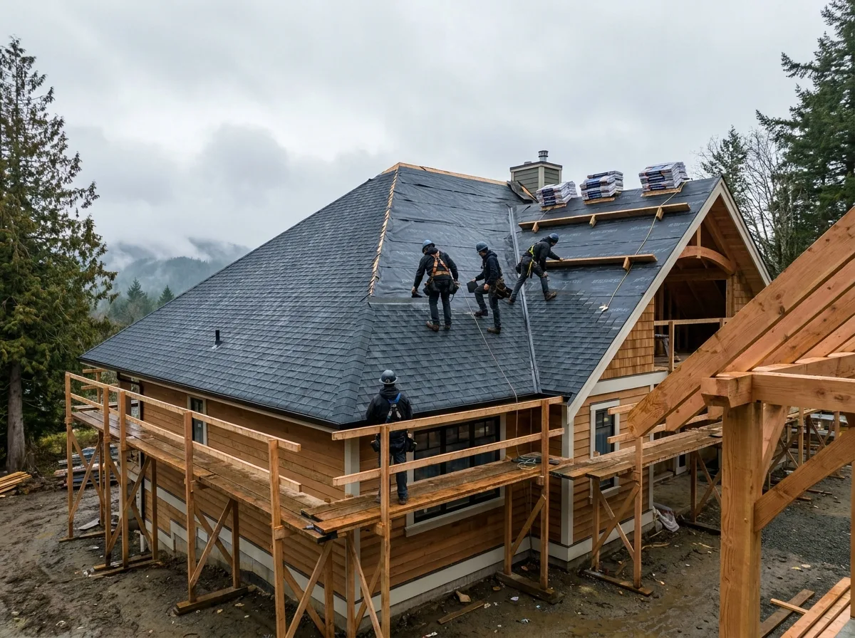 New roof being installed on a house under construction in Langford BC