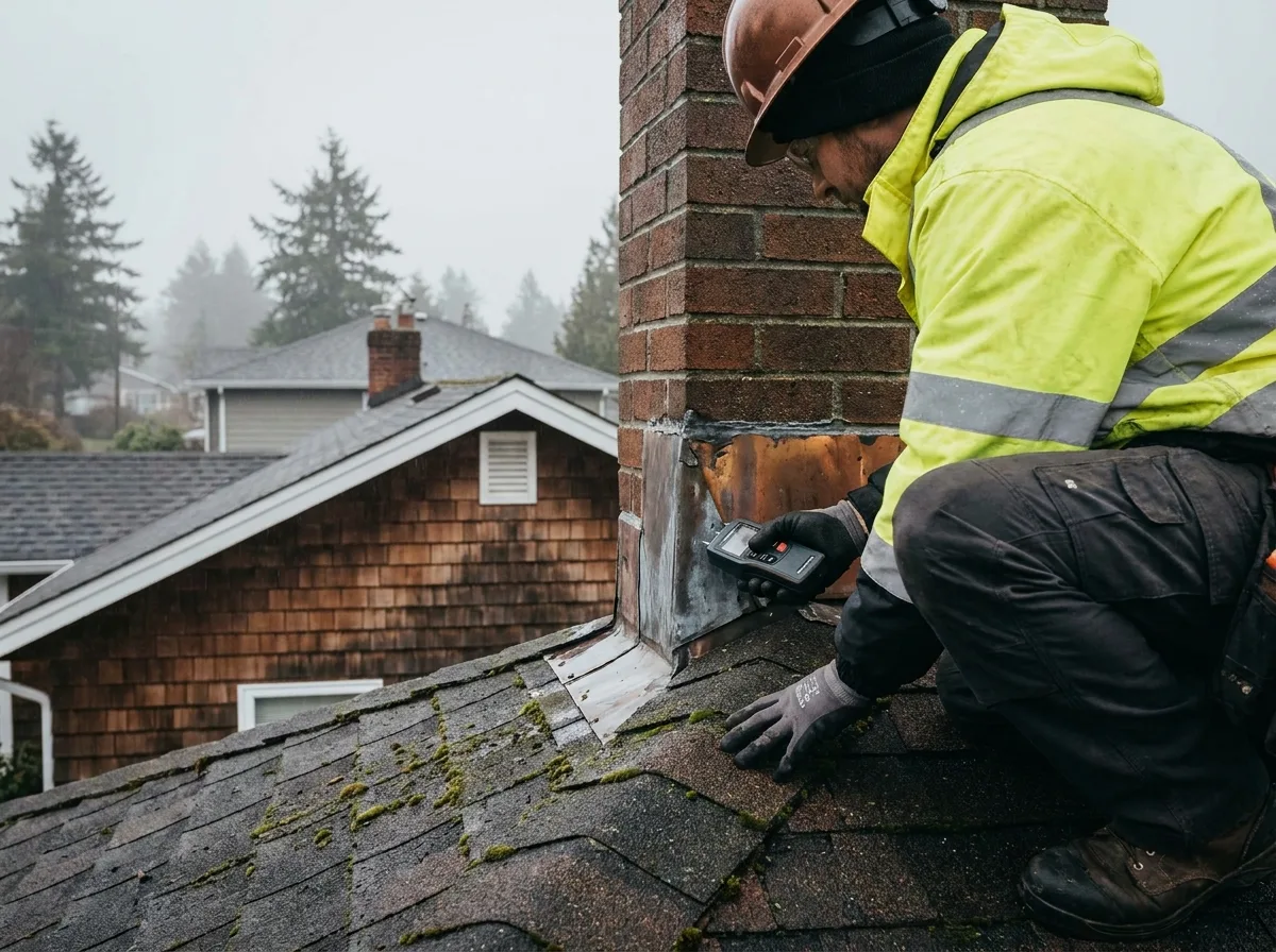 Roofer inspecting flashing and shingle condition on a Victoria BC rooftop