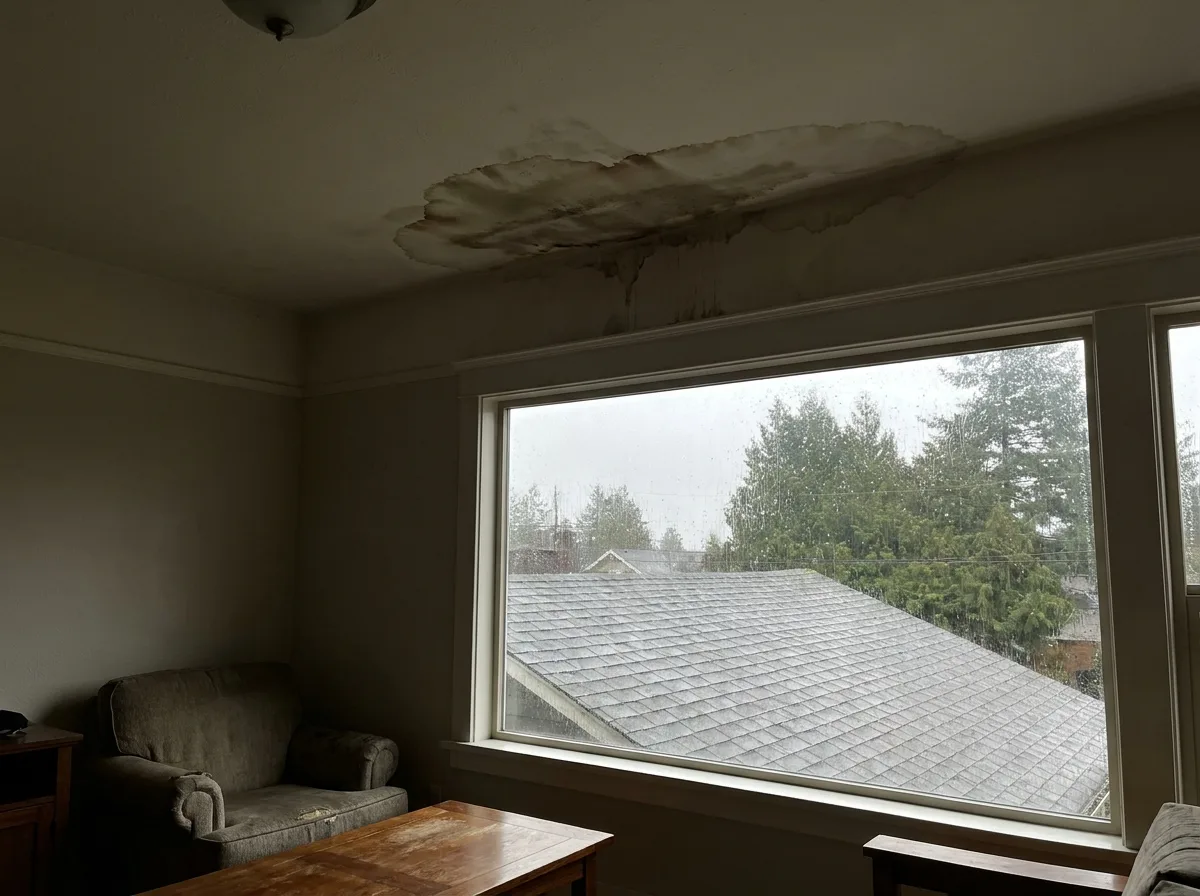 Water stain on a ceiling below a leaking roof in a Victoria BC home