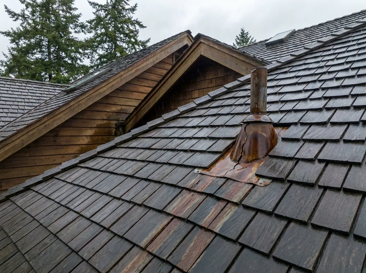 Water staining and failed flashing around a roof penetration on a Victoria BC home