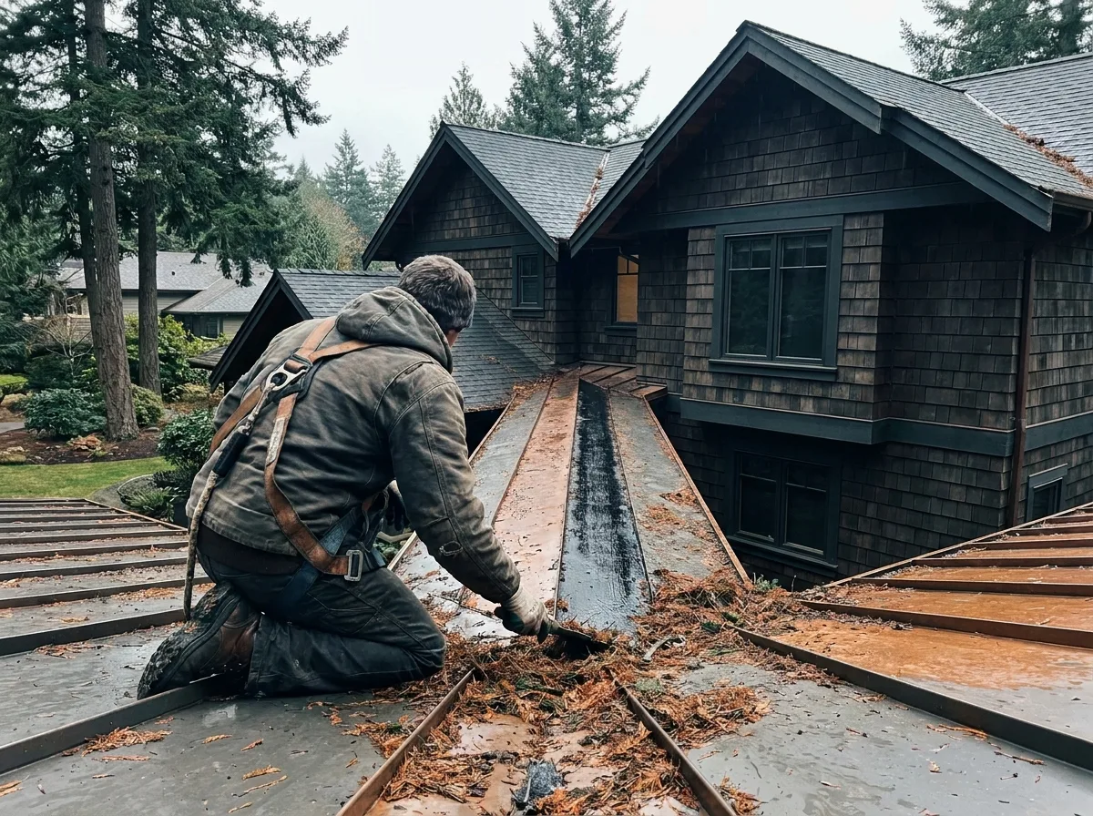 Roofer clearing fir needles from a roof valley on a Saanich BC home