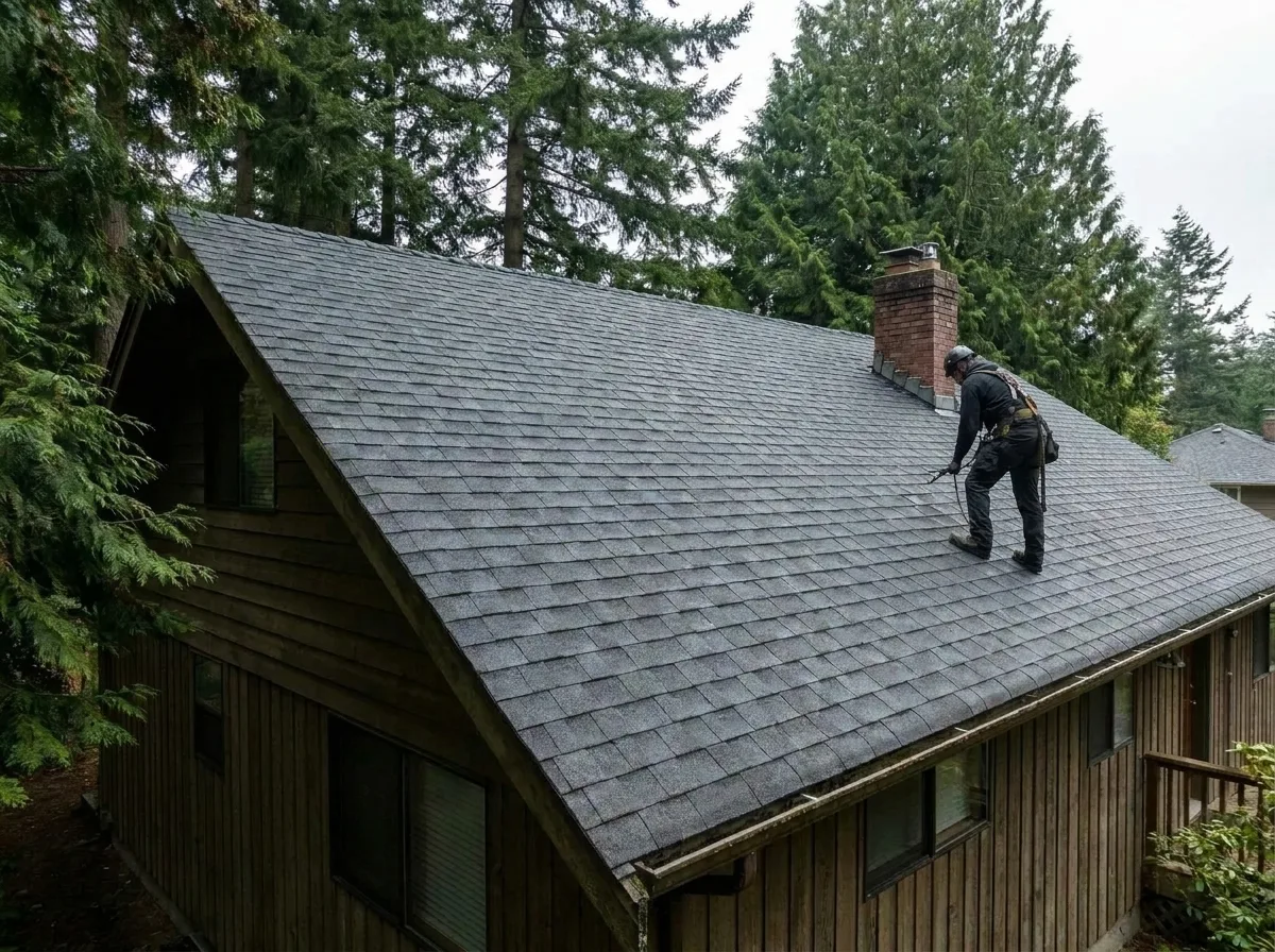 Cleared asphalt shingle roof slope in Greater Victoria with moss removed and granule surface intact