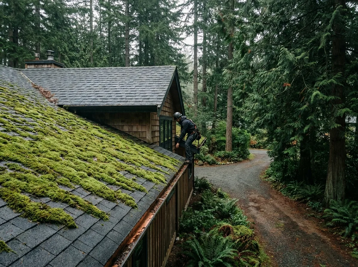 Thick moss growth on a north-facing shingle roof in Saanich BC