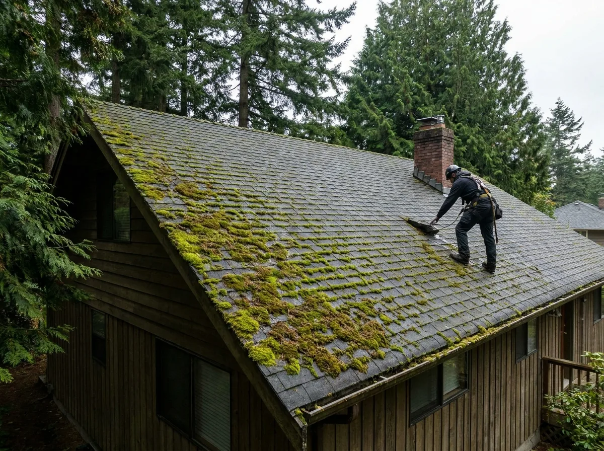 Heavy moss growth across the north-facing slope of an asphalt shingle roof in Greater Victoria