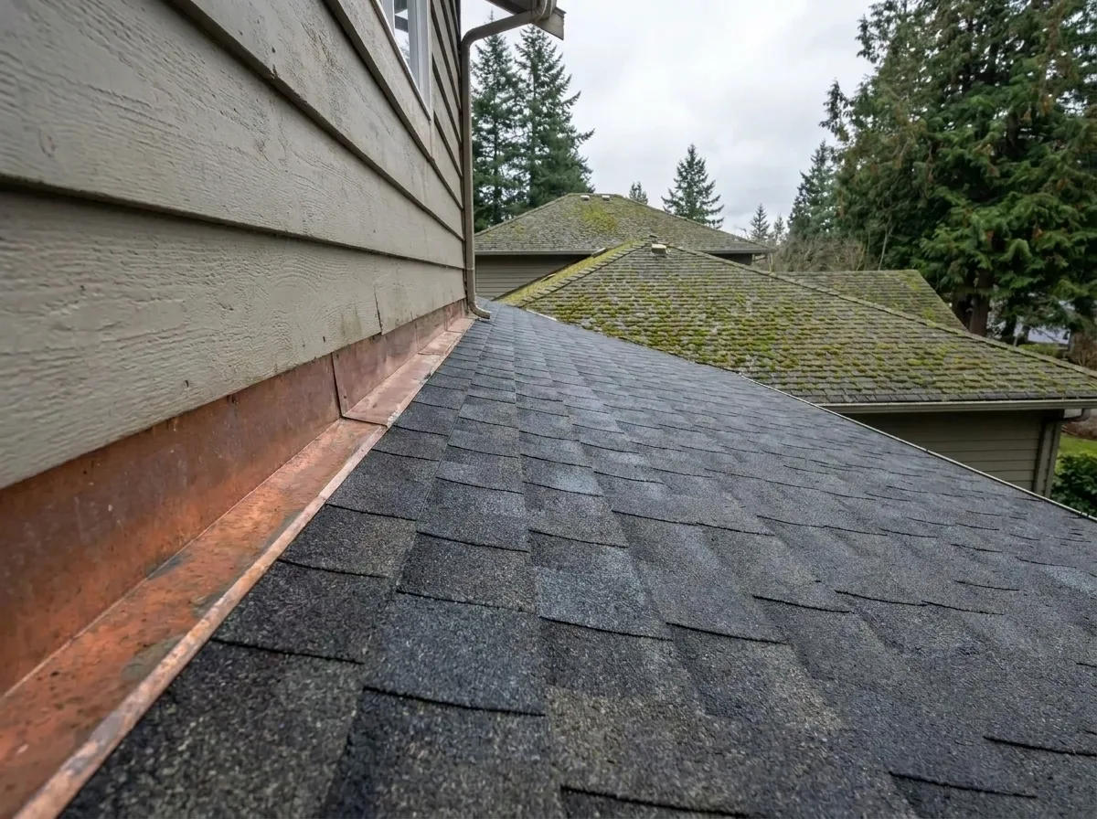 Repaired roof section with replaced shingles and correctly seated step flashing on a Greater Victoria home