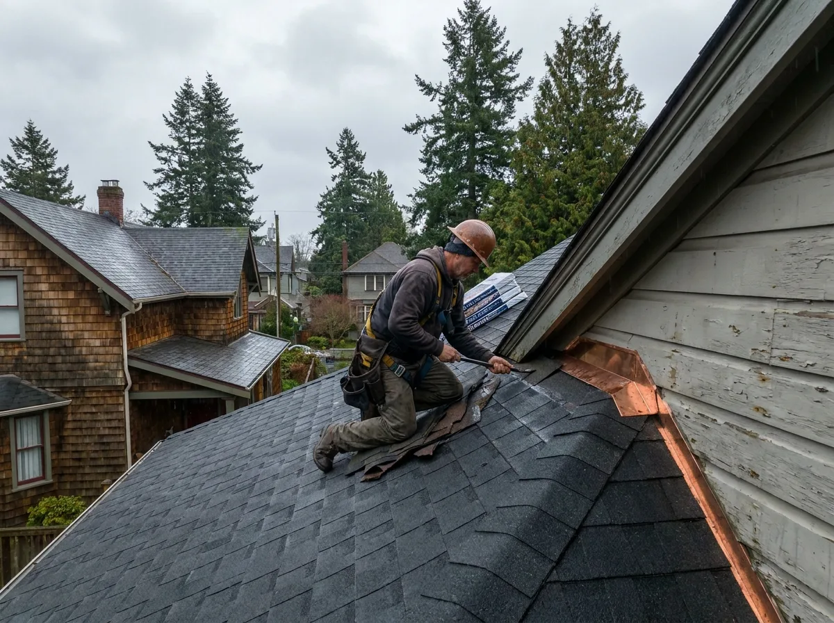 Roofer replacing damaged shingles and step flashing on a Victoria BC roof