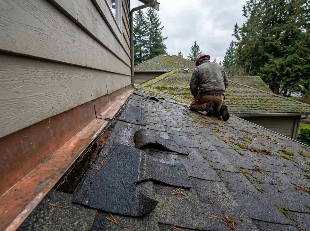 Damaged asphalt shingles and lifted step flashing at a wall junction on a Greater Victoria roof