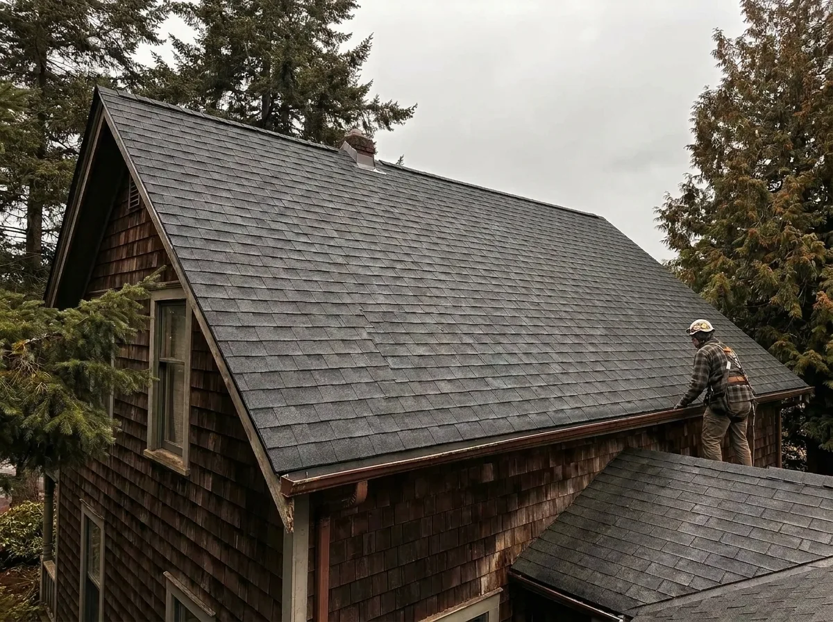 Completed asphalt shingle roof replacement on a Victoria BC house with clean ridge lines and new flashing