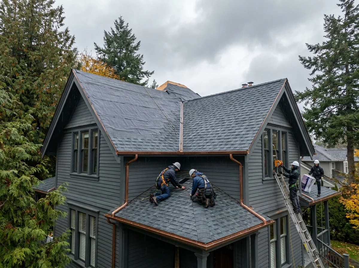 Roofing crew installing new asphalt shingles on a Victoria BC home