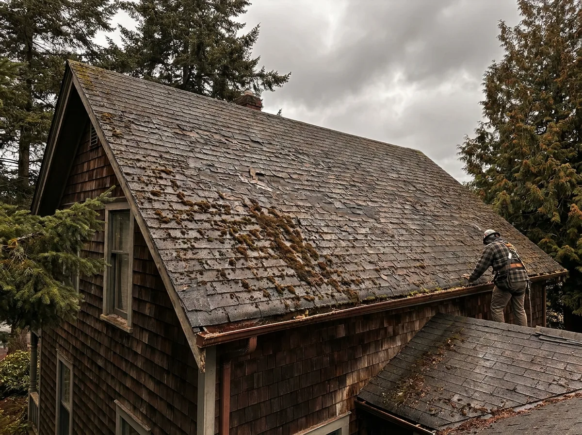 Aging asphalt shingle roof on a Victoria BC house showing curled shingles, granule loss and moss streaking near the end of its service life
