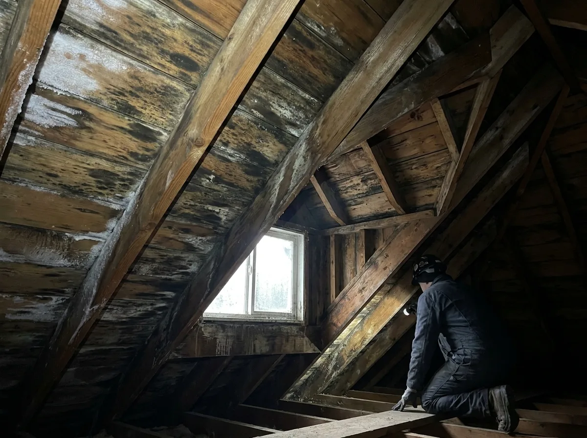 Attic sheathing showing condensation and mould in a Victoria BC home
