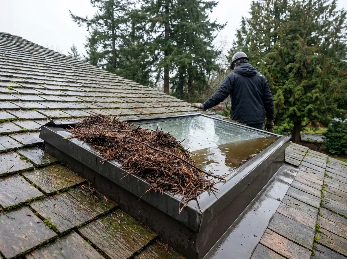 Packed conifer needles dammed against a skylight curb with water standing on the glazing, on a mossy Victoria BC roof