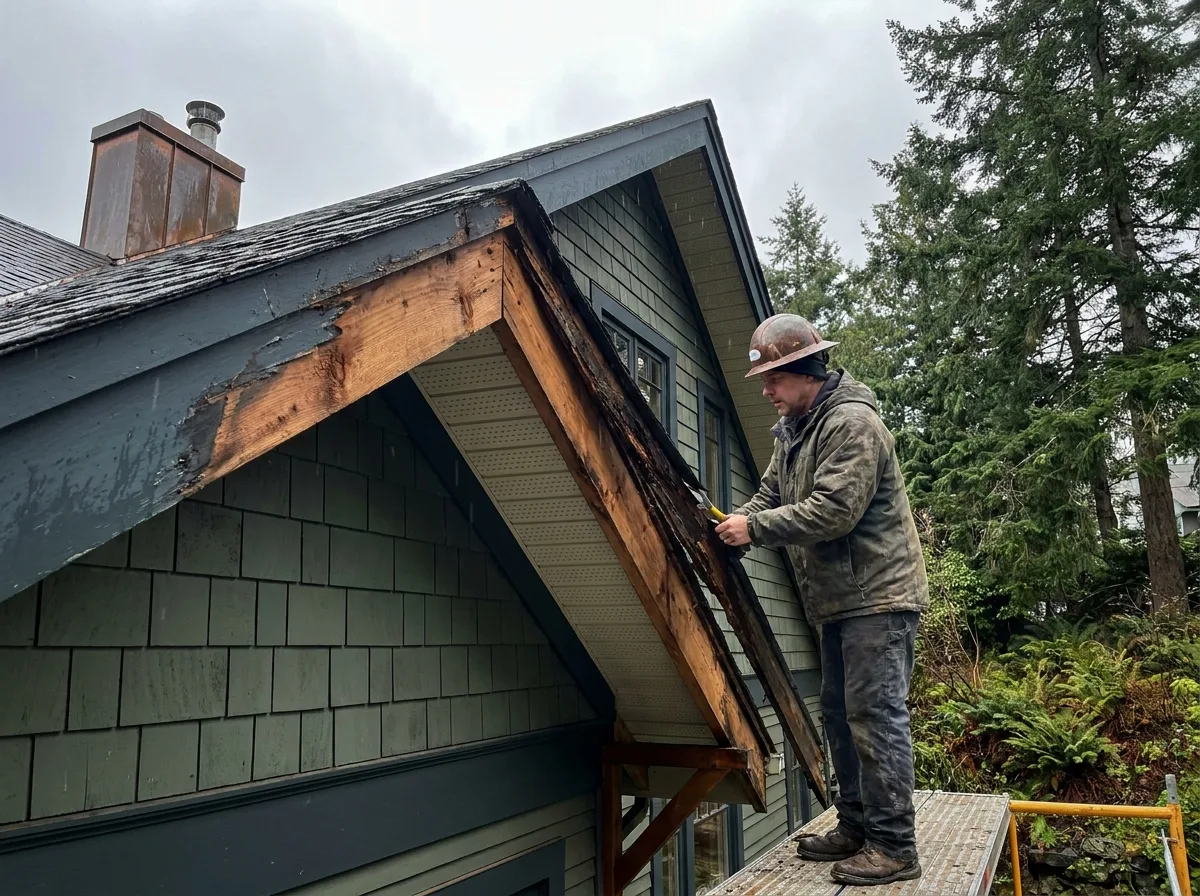 Rotted fascia board being replaced at the roof edge of a Victoria BC house