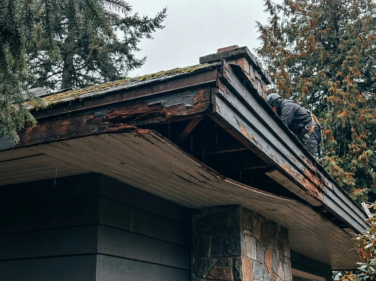Rotted fascia board and damaged soffit at the roof edge of a Victoria BC house