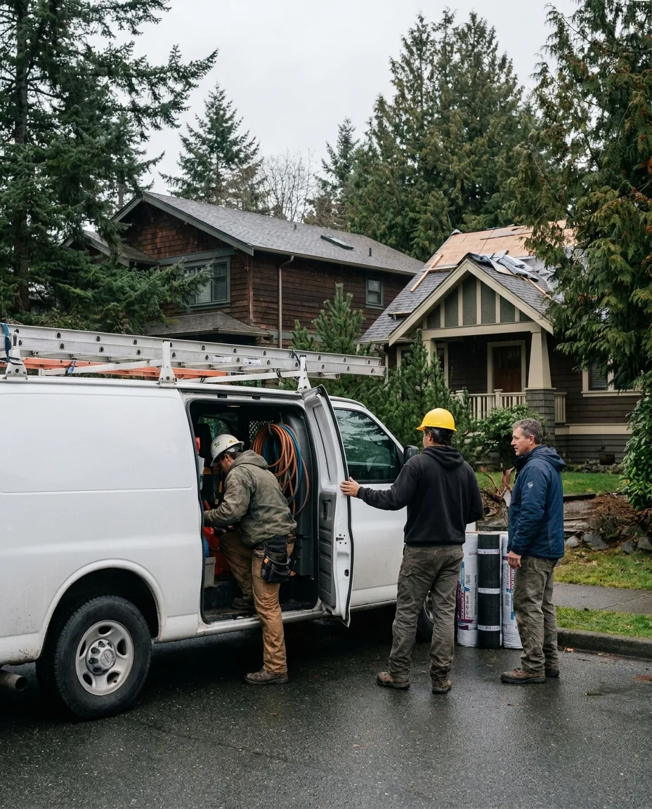 Roofing crew in safety gear beside a work van on a Greater Victoria residential street